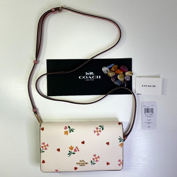 NWT Coach Foldover Clutch Crossbody Bag Leather White: Heart Petal Purse C7657